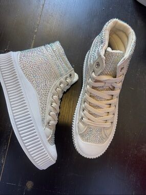 Embellished High-Top Platform Combat Boots - Light Beige